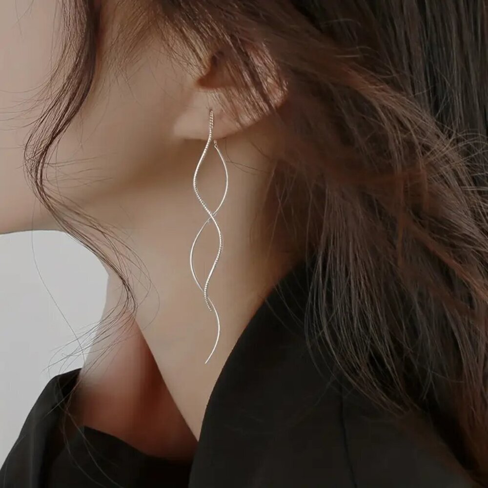 NEW silver spiral dangle earrings, thread earrings, wave tassel dangle earrings
